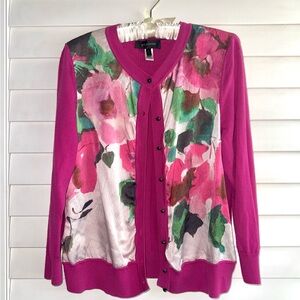 St. John L silk/wool cardigan fuschia magenta knit, multi-color floral print